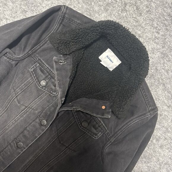 Old Navy‎ Sherpa Lined Black Denim Button Up Trucker Jacket Women's Small - Picture 1 of 7